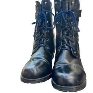 Liliana Black Combat Boots with Blue Laces Side Zipper Buckle Detail Size 8.5